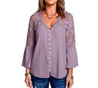 Women's Boho V Neck Blouse with Lace Splicing Bell Sleeves Casual Button Down Solid Color Peasant Top for Summer Fall Daily Wear Office
