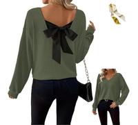 Womens Bow Back Sweater Sexy Off The Shoulder Pullover V Neck Sweaters,Fall Rib Knit Long Sleeve Bow Back Solid Casual Tops (FR/ES, Alpha/Lettres, L, Taille Normale, Taille Normale, Green)