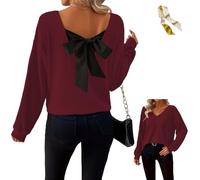 Womens Bow Back Sweater Sexy Off The Shoulder Pullover V Neck Sweaters,Fall Rib Knit Long Sleeve Bow Back Solid Casual Tops (FR/ES, Alpha/Lettres, TTG, Taille Normale, Taille Normale, Red)