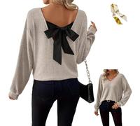 Womens Bow Back Sweater Sexy Off The Shoulder Pullover V Neck Sweaters,Fall Rib Knit Long Sleeve Bow Back Solid Casual Tops (FR/ES, Alpha/Lettres, TG, Taille Normale, Taille Normale, Apricot)