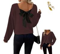 Womens Bow Back Sweater Sexy Off The Shoulder Pullover V Neck Sweaters,Fall Rib Knit Long Sleeve Bow Back Solid Casual Tops (FR/ES, Alpha/Lettres, L, Taille Normale, Taille Normale, Brown)