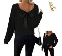 Womens Bow Back Sweater Sexy Off The Shoulder Pullover V Neck Sweaters,Fall Rib Knit Long Sleeve Bow Back Solid Casual Tops (FR/ES, Alpha/Lettres, 3TG, Taille Normale, Taille Normale, Black)