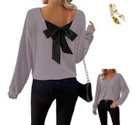 Womens Bow Back Sweater Sexy Off The Shoulder Pullover V Neck Sweaters,Fall Rib Knit Long Sleeve Bow Back Solid Casual Tops (FR/ES, Alpha/Lettres, 4TG, Taille Normale, Taille Normale, Purple)