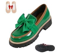 Women's Bowknot Thick Sole Loafers, Women's Patent Leather Bowknot Chunky Platform Loafers - Casual Dress Shoes for Office Business Work Everyday Wear (Fluorescent Green,35)