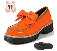 Women's Bowknot Thick Sole Loafers, Women's Patent Leather Bowknot Chunky Platform Loafers - Casual Dress Shoes for Office Business Work Everyday Wear (Orange-Red,42)