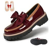Women's Bowknot Thick Sole Loafers, Women's Patent Leather Bowknot Chunky Platform Loafers - Casual Dress Shoes for Office Business Work Everyday Wear (Burgundy,39)