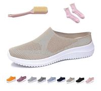 Women's Breathable Knit Slip-on Walking Shoes - Backless Sneakers with Arch Support & Memory Foam - Closed Toe Orthopedic Mules, Casual Summer Loafers & Slide-in Clogs (Beige,39)