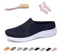 Women's Breathable Knit Slip-on Walking Shoes - Backless Sneakers with Arch Support & Memory Foam - Closed Toe Orthopedic Mules, Casual Summer Loafers & Slide-in Clogs (Navy,38)