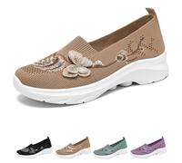 Women's Butterfly Embroidered Loafers, Breathable Knit Mesh Slip on Wide Fit Comfort Non-Slip Arch Support Casual Walking Sneakers (Khaki,38)