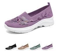 Women's Butterfly Embroidered Loafers, Breathable Knit Mesh Slip on Wide Fit Comfort Non-Slip Arch Support Casual Walking Sneakers (Purple,38)