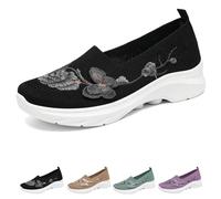 Women's Butterfly Embroidered Loafers, Breathable Knit Mesh Slip on Wide Fit Comfort Non-Slip Arch Support Casual Walking Sneakers (Black,36)