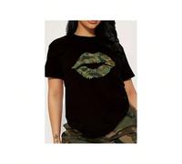 Women's Camo Lip Print T-Shirt, Soft Knit, Breathable & Machine Washable, Casual Round Neck Short Sleeve Top for all Seasons | Bold Camouflage Design, Black with Green & Brown accents KOMFORT UND SICH