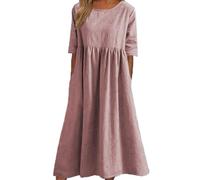 Women's Casual Basic Outdoor Crew Neck Pocket Smocked Cotton Dress, Casual Loose Long, Smocked Dress with Pocket (Grand,Pink)