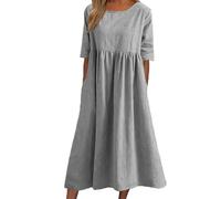 Women's Casual Basic Outdoor Crew Neck Pocket Smocked Cotton Dress, Casual Loose Long, Smocked Dress with Pocket (TG,Light Gray)