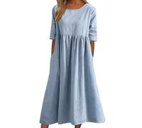 Women's Casual Basic Outdoor Crew Neck Pocket Smocked Cotton Dress, Casual Loose Long, Smocked Dress with Pocket (S,Light Blue)