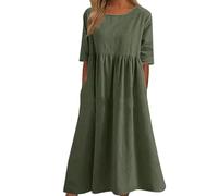 Women's Casual Basic Outdoor Crew Neck Pocket Smocked Cotton Dress, Casual Loose Long, Smocked Dress with Pocket (M,Green)