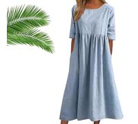 Women's Casual Basic Outdoor Crew Neck Pocket Smocked Cotton Dresses, Loose Half Sleeve Linen Beach Maxi, with Pocket (Light Blue,5TG)
