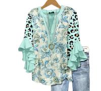 Women's Casual Boho Floral Print Tops Loose V Neck 3/4 Wave Bell Sleeve Flowy Shirts Summer Blouses for Women (B,3TG)