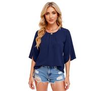 Women's Casual Chiffon Blouse Round Neck Half Sleeve Loose Fit Flowy Tops Summer Spring Elegant Tunic Shirt for Work Daily Wear Burgundy