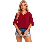 Women's Casual Chiffon Blouse Round Neck Half Sleeve Loose Fit Flowy Tops Summer Spring Elegant Tunic Shirt for Work Daily Wear Burgundy