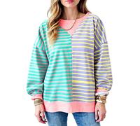 Women's Casual Color Block Striped Sweatshirt Long Sleeve Pullover Top Loose Fit Crewneck Jumper Fall Winter Soft Knit Shirt for Daily Wear