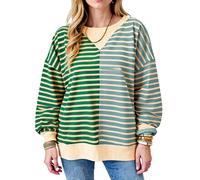 Women's Casual Color Block Striped Sweatshirt Long Sleeve Pullover Top Loose Fit Crewneck Jumper Fall Winter Soft Knit Shirt for Daily Wear
