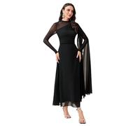 Women's Casual Contrast Mesh Ruched Long Dress Round Neck A-Line High Waist Party Black Dress