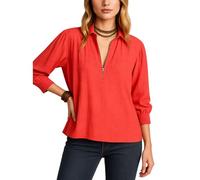 Women's Casual Cotton Linen Zip Up Blouse Long Sleeve Loose Fit Shirt Collar Pullover Top Solid Color Tunic for Spring Summer Fall Daily Wear