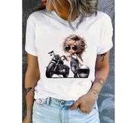 Women's Casual Crew Neck T-Shirt with Cartoon Motorcycle Graphic, Cotton 100% Knit Fabric, Short Sleeve Summer & Spring Top, all-Season Fashion Clothing, everyday Tshirt | Crew Neck Shirt | Glossy Fin