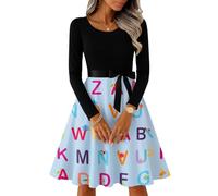 Women's Casual Fashion R-Neck Long Sleeved Retro Christmas Print Dress Bleu 2XL