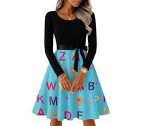 Women's Casual Fashion R-Neck Long Sleeved Retro Christmas Print Dress Bleu M