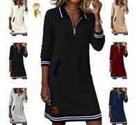 Womens Casual Half Zip Color Block Polo Lapel Sweatshirt Dress,with Pockets | Loose Long Sleeve Tunic A-line Midi Dresses with Pockets,Striped Trim, Trendy Midi Dress for Beach,Vacation,Office,Daily Wear