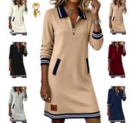 Womens Casual Half Zip Color Block Polo Lapel Sweatshirt Dress,with Pockets | Loose Long Sleeve Tunic A-line Midi Dresses with Pockets,Striped Trim, Trendy Midi Dress for Beach,Vacation,Office,Daily Wear