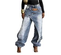 Women's Casual Jeans Y2K Baggy Wide Leg Denim Pant High Waisted Patchwork Trousers(2XL)