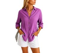 Women's Casual Linen Button Down Shirt Long Sleeve Pleated Turn Down Collar Blouse Solid Color Loose Fit Summer Beach Tops with Pockets