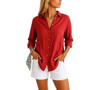 Women's Casual Linen Button Down Shirt Long Sleeve Pleated Turn Down Collar Blouse Solid Color Loose Fit Summer Beach Tops with Pockets