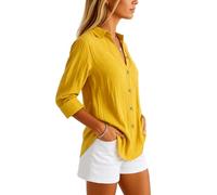 Women's Casual Linen Button Down Shirt Long Sleeve Pleated Turn Down Collar Blouse Solid Color Loose Fit Summer Beach Tops with Pockets