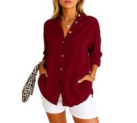 Women's Casual Linen Button Down Shirt Long Sleeve Pleated Turn Down Collar Blouse Solid Color Loose Fit Summer Beach Tops with Pockets
