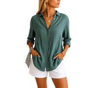 Women's Casual Linen Button Down Shirt Long Sleeve Pleated Turn Down Collar Blouse Solid Color Loose Fit Summer Beach Tops with Pockets