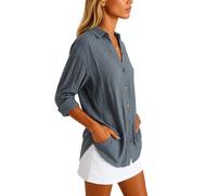 Women's Casual Linen Button Down Shirt Long Sleeve Pleated Turn Down Collar Blouse Solid Color Loose Fit Summer Beach Tops with Pockets