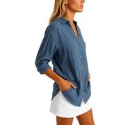Women's Casual Linen Button Down Shirt Long Sleeve Pleated Turn Down Collar Blouse Solid Color Loose Fit Summer Beach Tops with Pockets