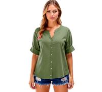 Women's Casual Linen Button Down Shirts Short Sleeve V Neck Loose Fit Tunics Tops Summer Beach Blouse Lightweight Cotton Blend Henley Tee