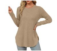 Women's Casual Long Sleeve T Shirt Crew Neck Pocket Side Split Loose Fit Tops Soft Knit Sweater for Fall Winter Daily Wear Basic