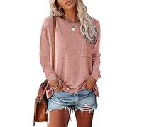 Women's Casual Long Sleeve T Shirt Crew Neck Pocket Side Split Loose Fit Tops Soft Knit Sweater for Fall Winter Daily Wear Basic