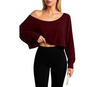 Women's Casual Off Shoulder Long Sleeve Crop Top Loose Fit Slouchy T Shirt Spring Fall Basic Tee Burgundy Wine Red Fashion Top