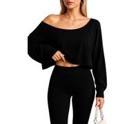 Women's Casual Off Shoulder Long Sleeve Crop Top Loose Fit Slouchy T Shirt Spring Fall Basic Tee Burgundy Wine Red Fashion Top