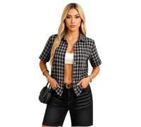 Women's Casual Plaid Short Sleeve Button Down Shirt Spring Summer Fashion Loose Fit Checkered Top Blouse Street Style Trendy Clothing for Women