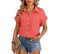 Women's Casual Short Sleeve Button Down Shirt Loose Fit Crinkle Blouse with Pocket Summer Lightweight Cotton Linen Top for Beach Vacation Daily Wear Sage Green