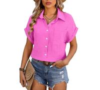 Women's Casual Short Sleeve Button Down Shirt Loose Fit Crinkle Blouse with Pocket Summer Lightweight Cotton Linen Top for Beach Vacation Daily Wear Sage Green