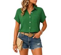 Women's Casual Short Sleeve Button Down Shirt Loose Fit Crinkle Blouse with Pocket Summer Lightweight Cotton Linen Top for Beach Vacation Daily Wear Sage Green